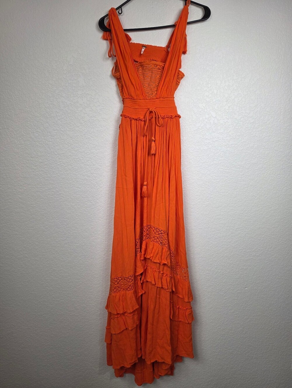 Free People Orange Ruffled Maxi Dress with Tie Waist